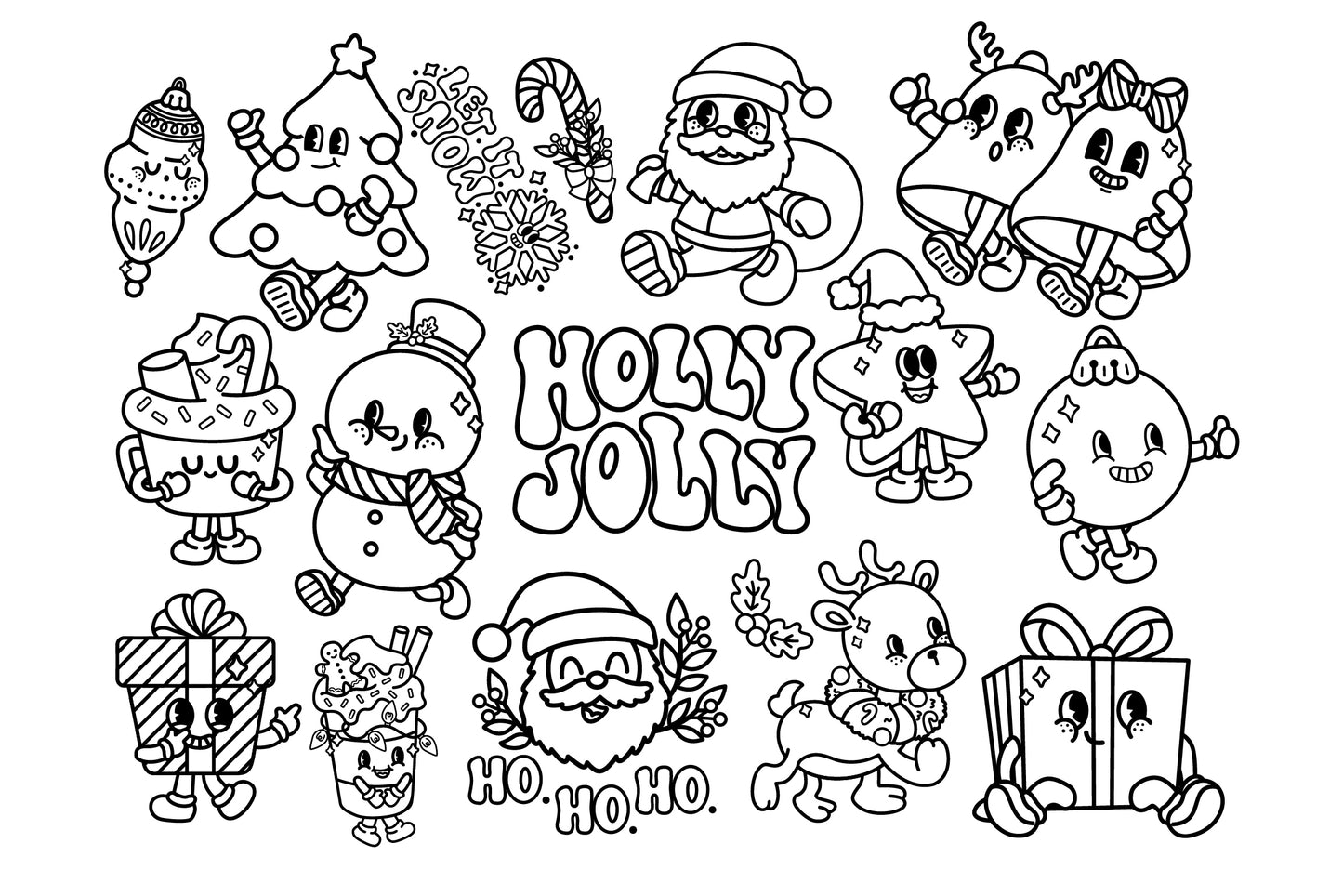 Retro Character Christmas Clipart - Holiday Coloring