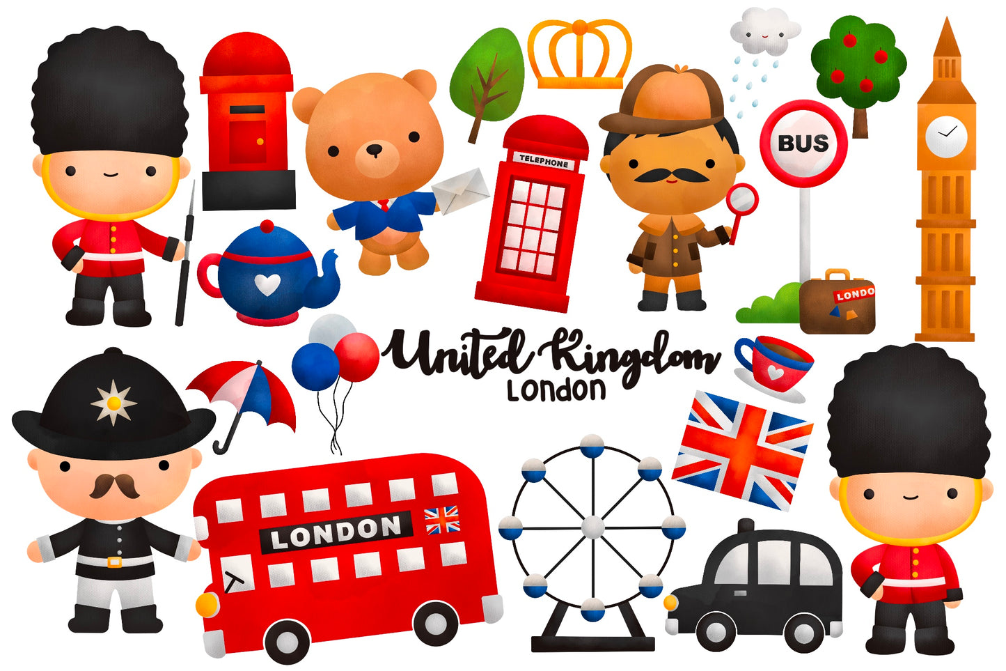 United Kingdom London Cute Clipart Watercolor