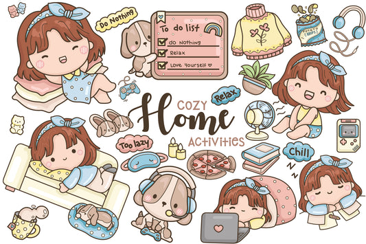 Cozy Home Activities Clipart - Cute Girl Clip Art