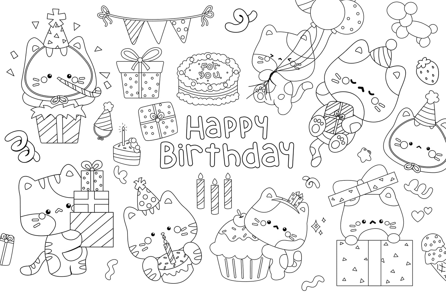 Birthday Cat Clipart - Birthday Party Clip Art Coloring