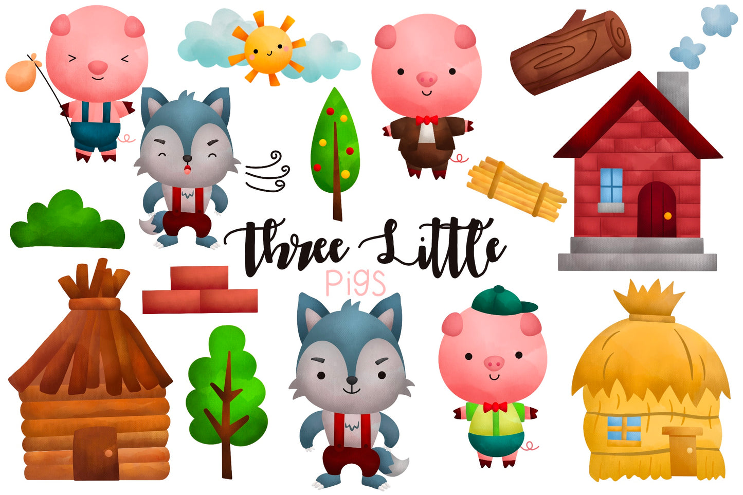 Doodle Three Little Pigs Clipart - Storytime Watercolor