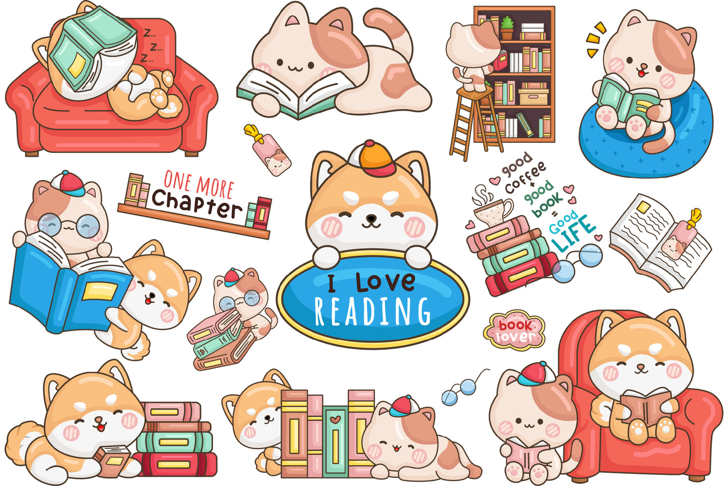Dog and Cat Reading Clipart - Animal Bookworm Clip Art