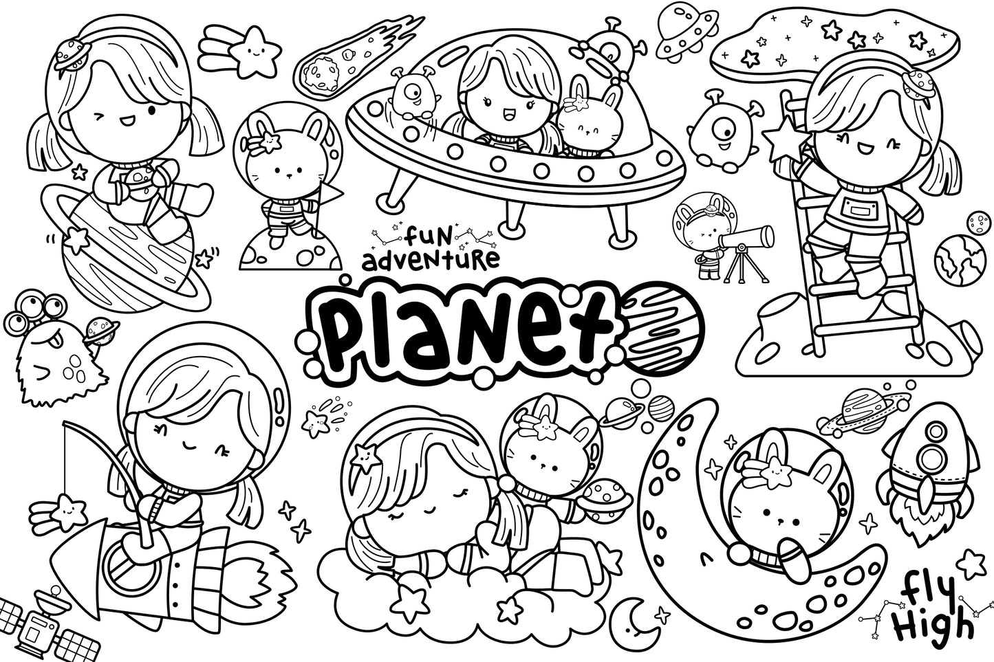 Astronauts Girl Galaxy and Space Clipart Coloring