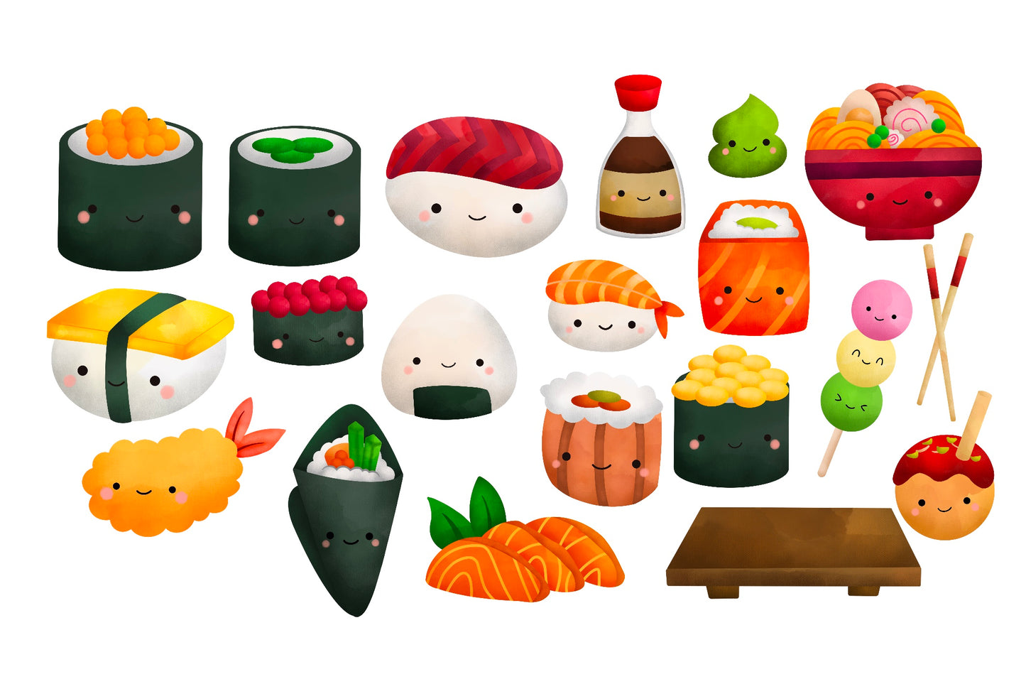 Watercolor Japan Sushi and Snacks Clipart - Cute Food
