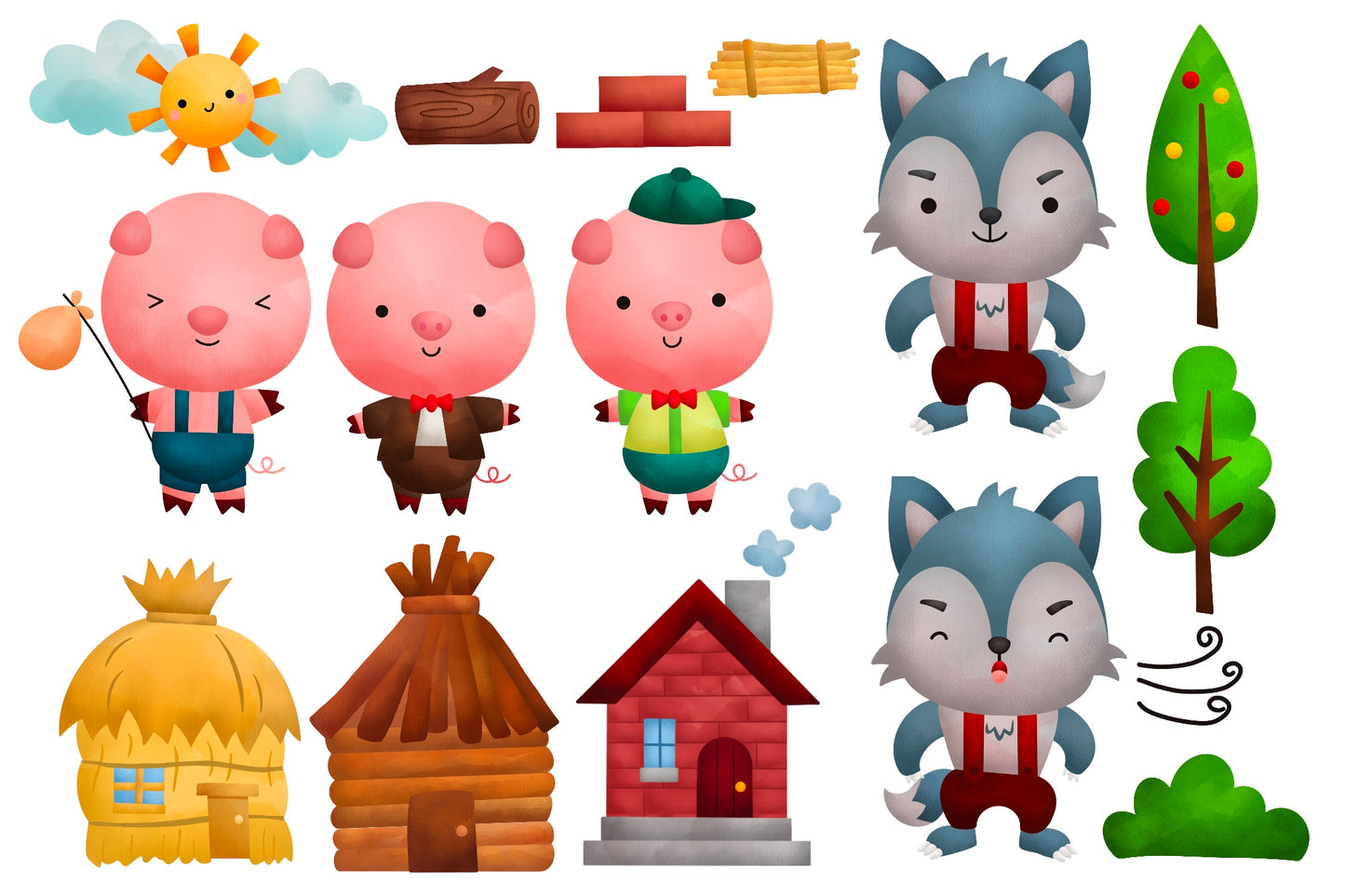 Doodle Three Little Pigs Clipart - Storytime Watercolor