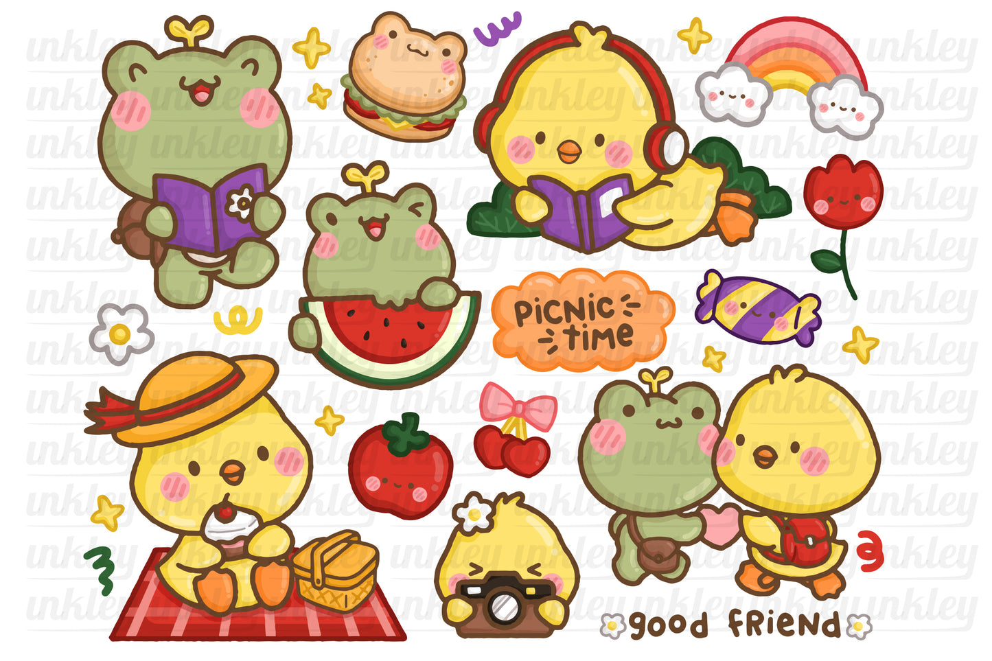 Hand Drawn Frog and Duck Picnic Clipart
