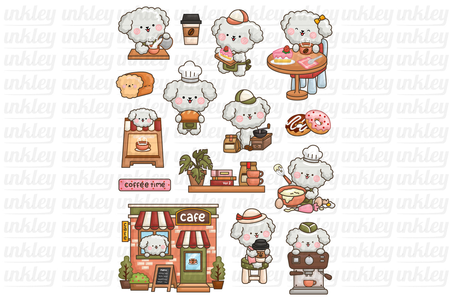 Dog and Cafe Clipart - White Poodles Clip Art