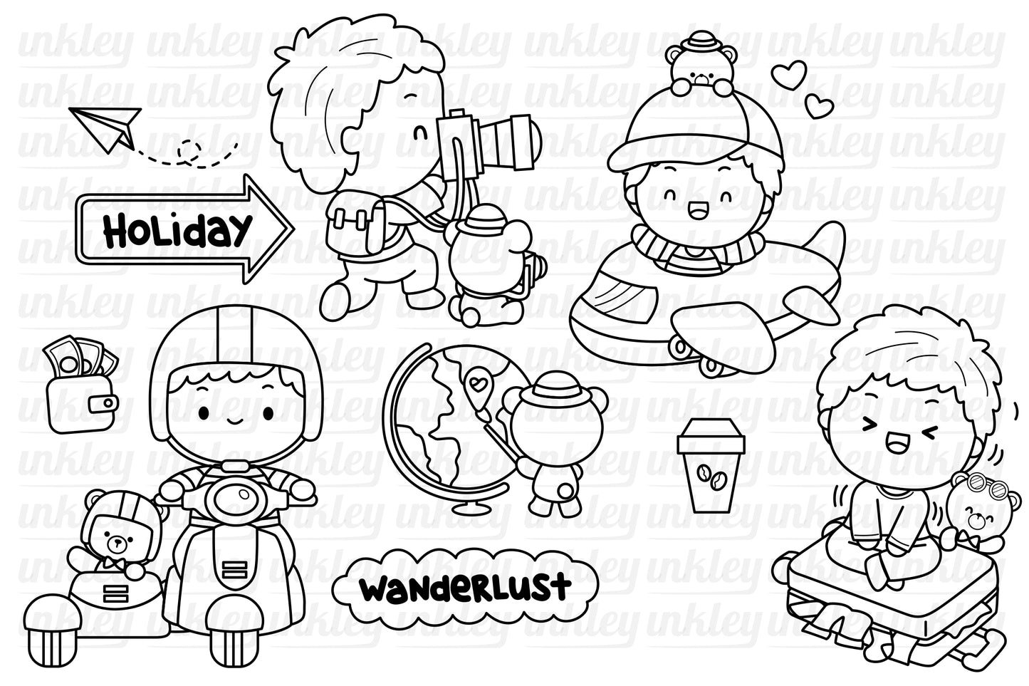 Boy and Travel Clipart - Travelling Equipment Coloring