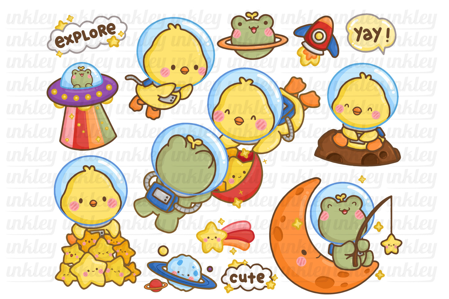 Hand Drawn Frog and Duck Astronauts Clipart