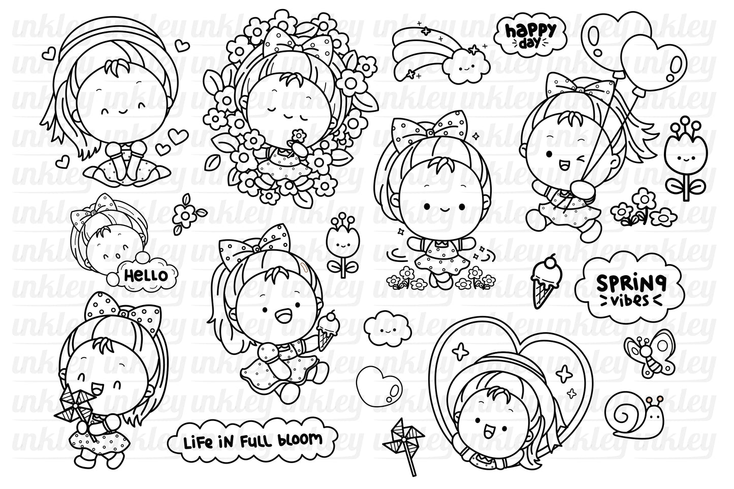 Spring Vibe Clipart - Cute Girl Coloring