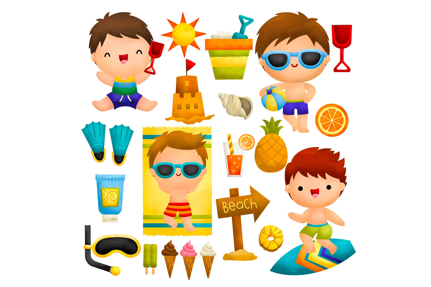 Boy on Beach Clipart - Cute Kids Clip Art Watercolor