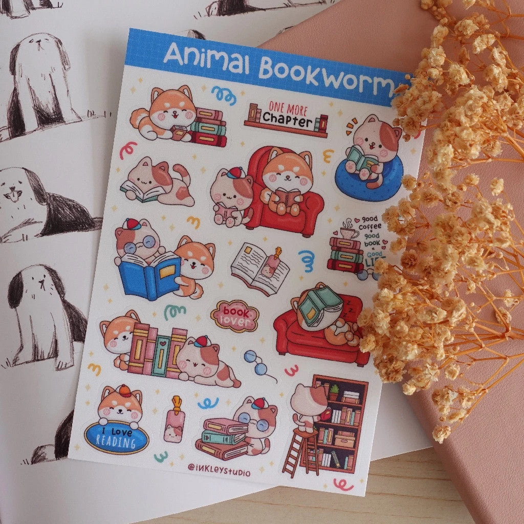 Animal Bookworm Sticker Sheet Series | Waterproof | Aesthetic Sticker | Sticker Sheet Pack | Planner Sticker