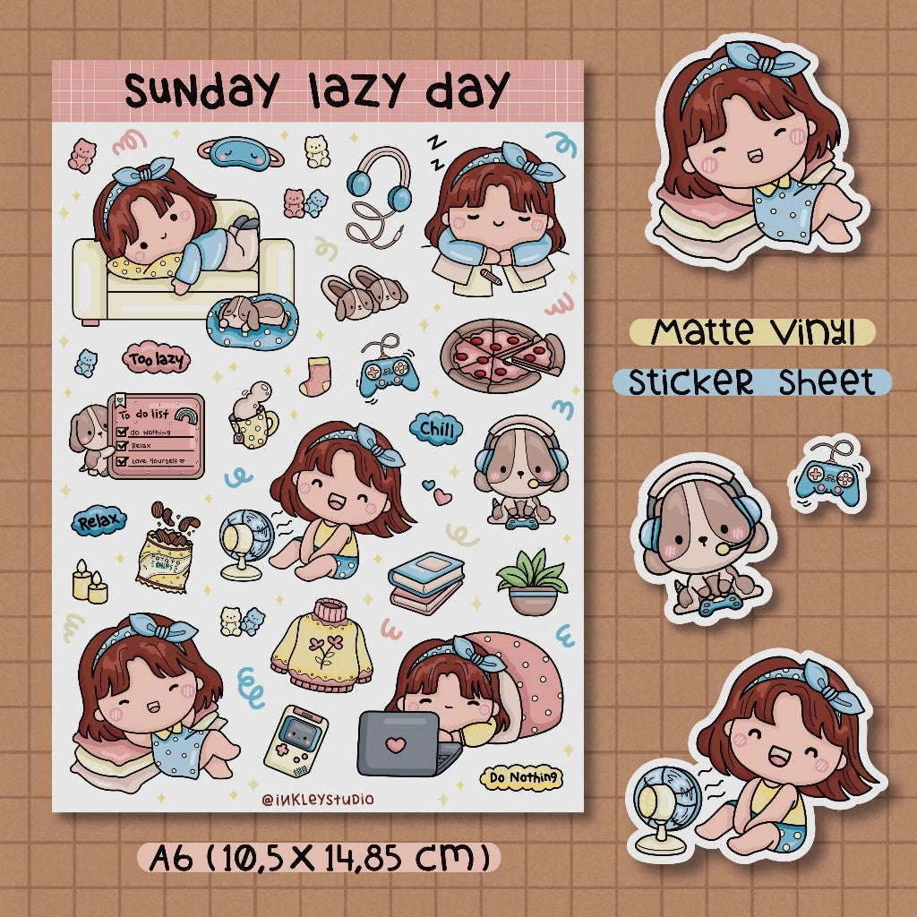 Sunday Lazy Day Sticker Sheet | Waterproof | Aesthetic Sticker | Sticker Sheet Pack | Planner Sticker