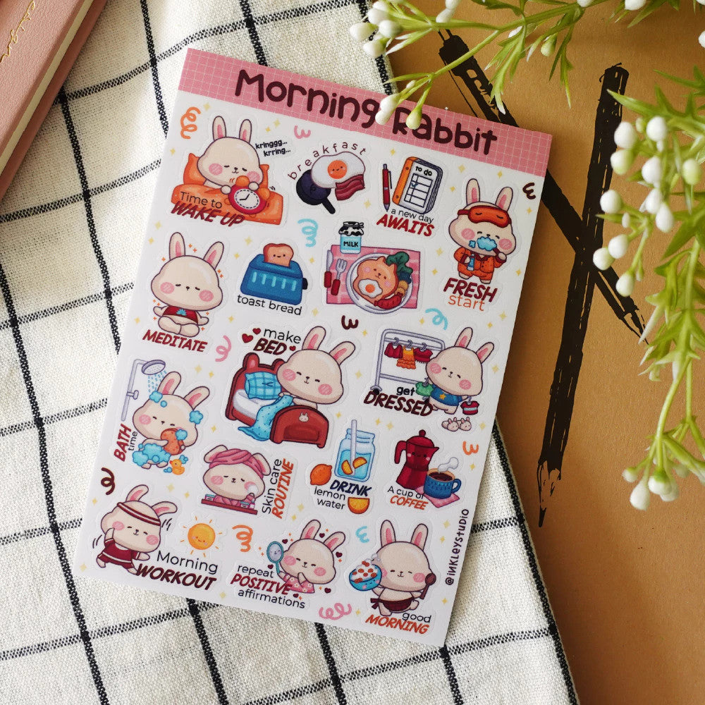 Morning Routines Rabbit Sheet Series | Waterproof | Aesthetic Sticker | Sticker Sheet Pack | Planner Sticker