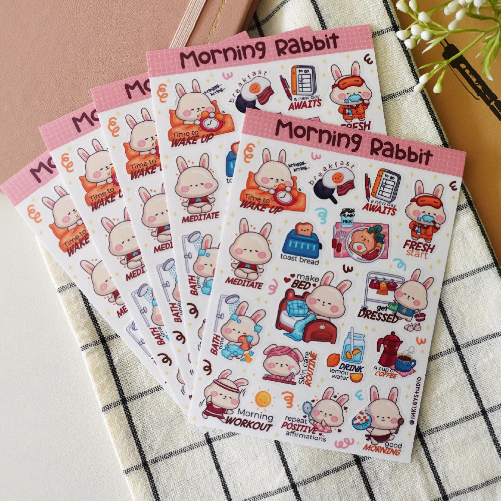 Morning Routines Rabbit Sheet Series | Waterproof | Aesthetic Sticker | Sticker Sheet Pack | Planner Sticker