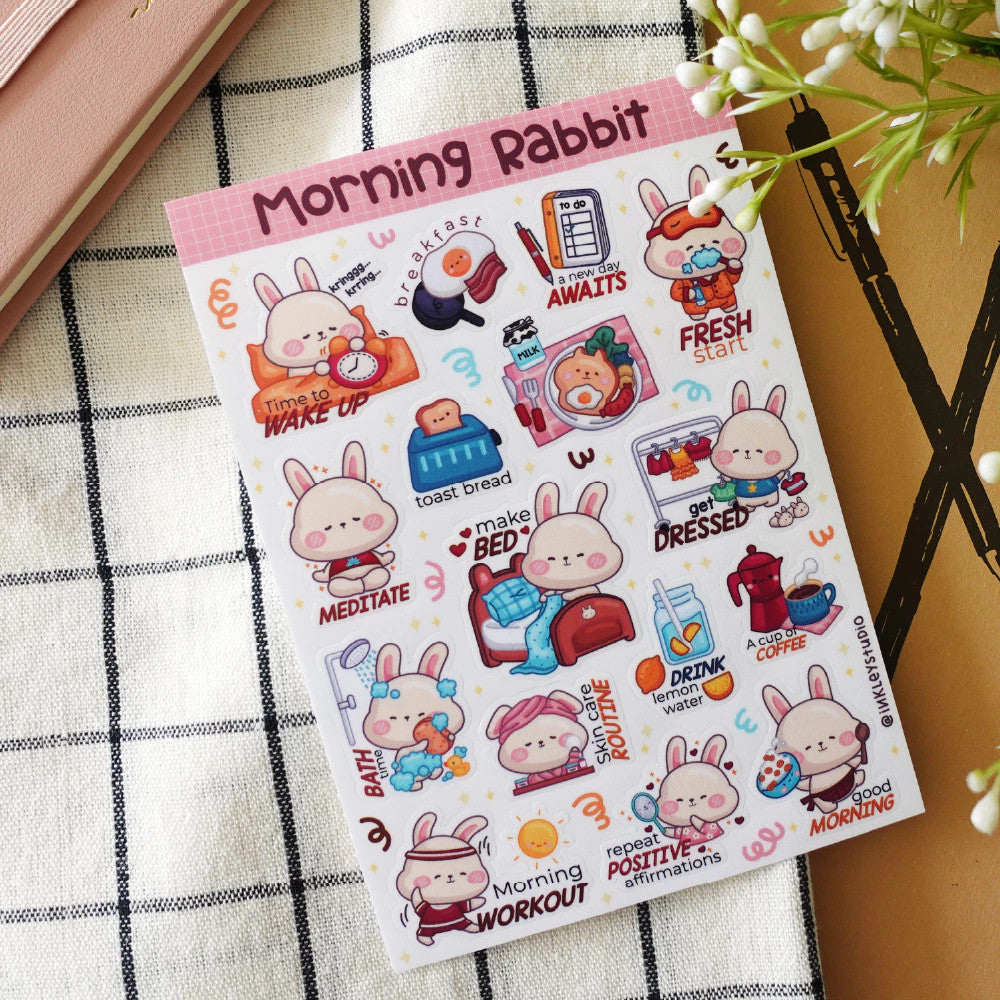 Morning Routines Rabbit Sheet Series | Waterproof | Aesthetic Sticker | Sticker Sheet Pack | Planner Sticker
