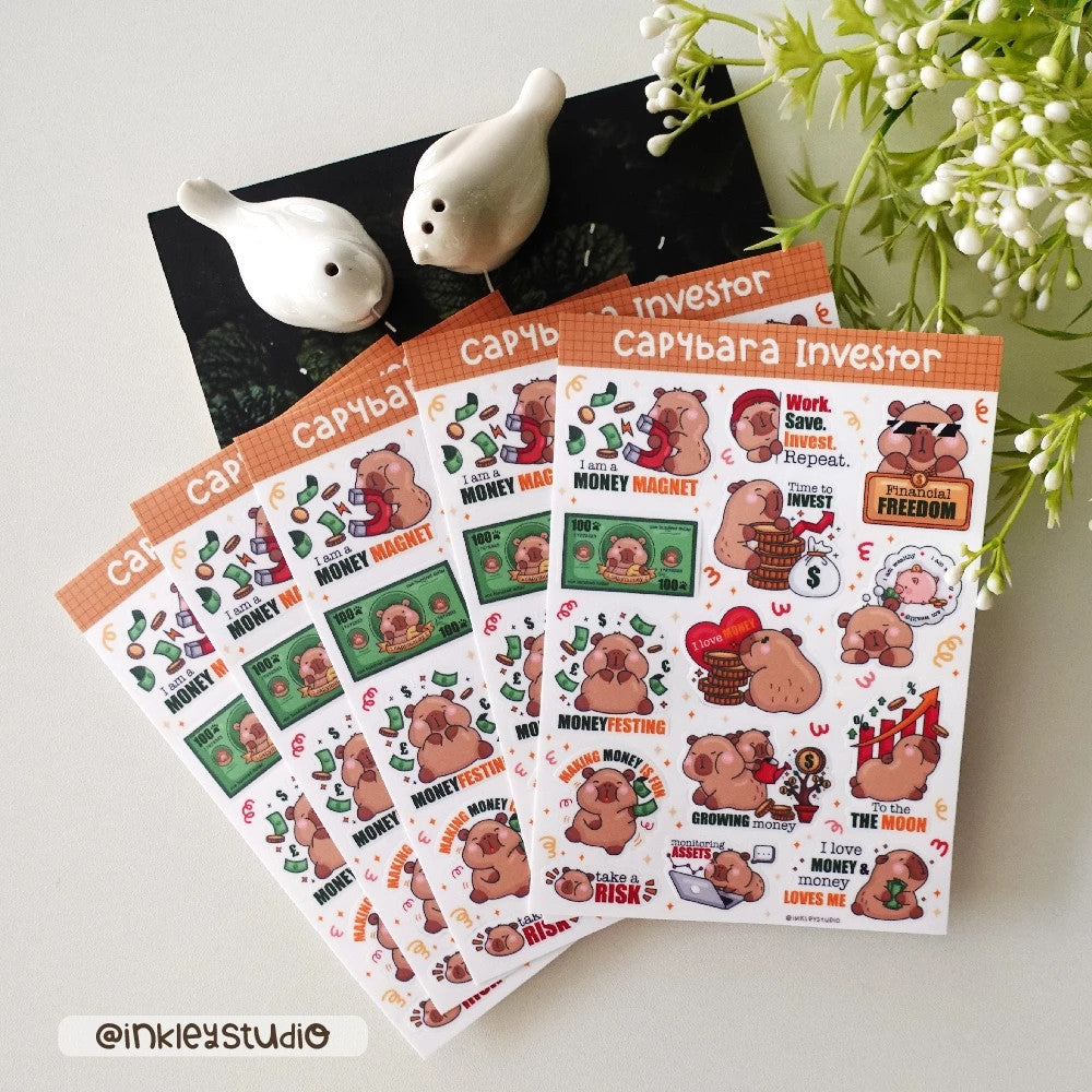 Capybara Investor Sticker Sheet Series | Waterproof | Aesthetic Sticker | Sticker Sheet Pack | Planner Sticker