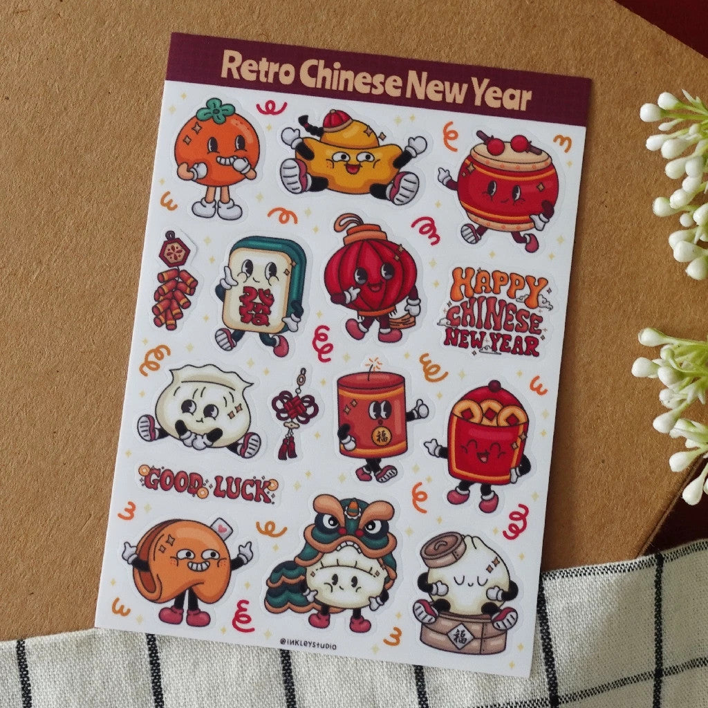 Lunar New Year Sticker Sheet | Waterproof | Chinese New Year Aesthetic Sticker | Retro Sticker Sheet Pack | Planner Sticker