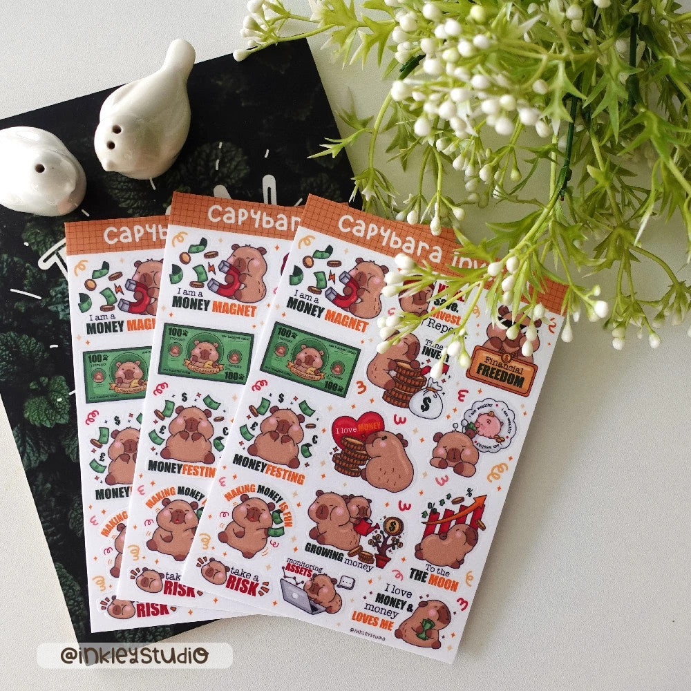 Capybara Investor Sticker Sheet Series | Waterproof | Aesthetic Sticker | Sticker Sheet Pack | Planner Sticker
