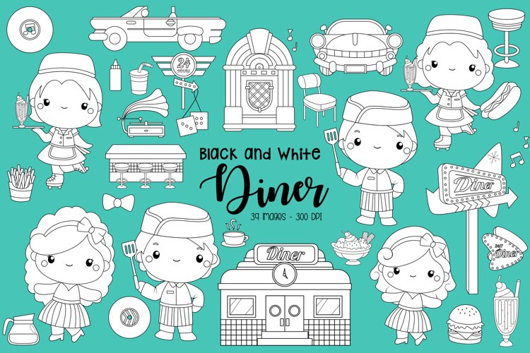Black and White Retro Diner Clipart - Fast Food Clip Art
