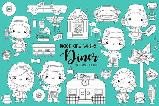 Black and White Retro Diner Clipart - Fast Food Clip Art