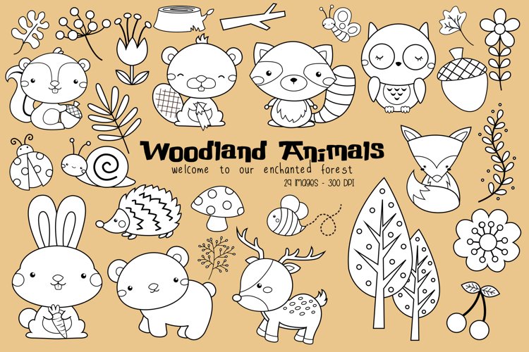 Black and White Coloring Woodland Animal Clipart