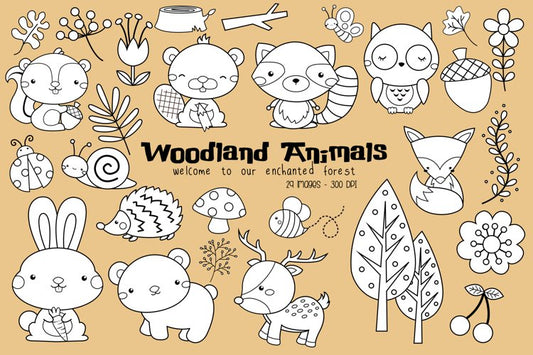 Black and White Coloring Woodland Animal Clipart