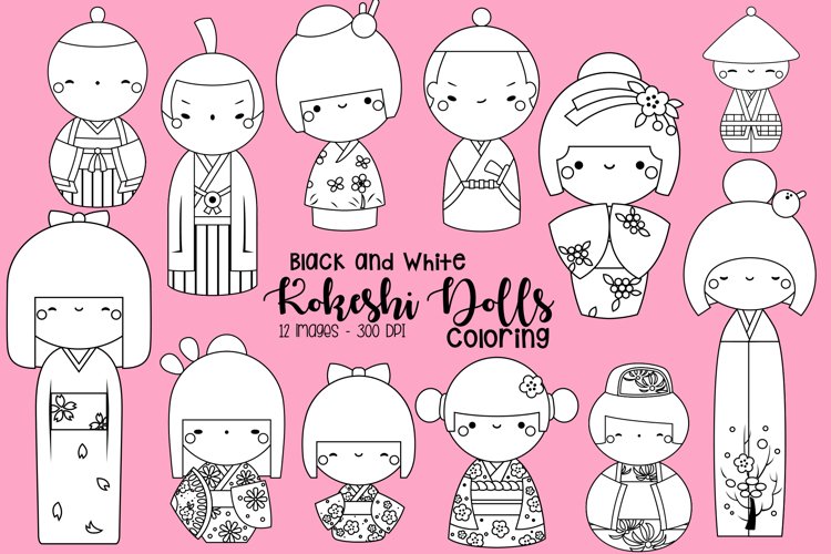 Black and White Coloring Japan Kokeshi Dolls Clipart