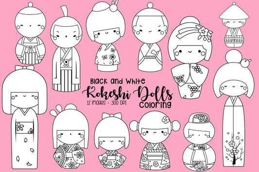 Black and White Coloring Japan Kokeshi Dolls Clipart