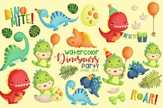 Watercolor Jurassic Animal Clipart - Cute Dinosaur Clipart