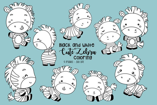 Black and White Coloring Cute Zebra Clipart