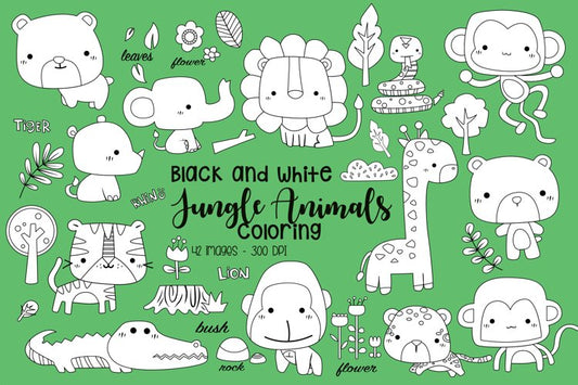 Black and White Coloring Jungle Animals
