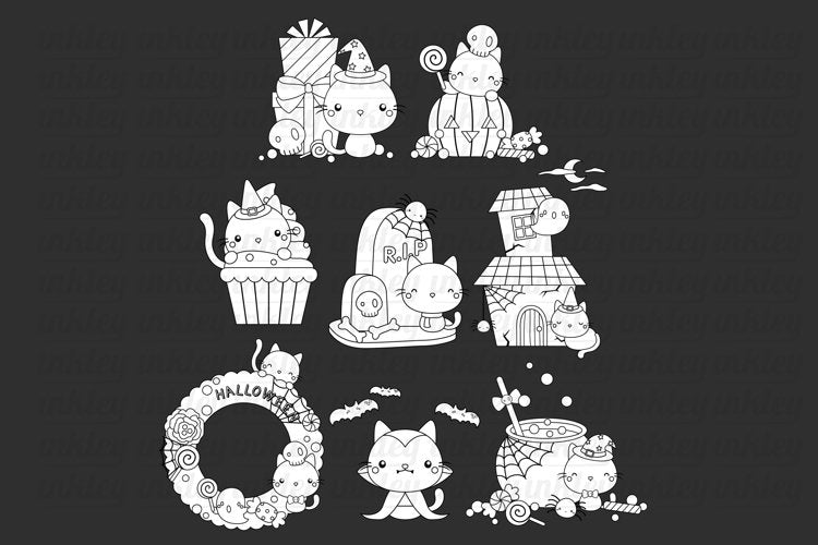 Black and White Coloring Halloween Cat