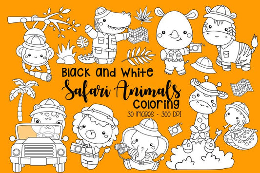 Black and White Coloring Safari Animals
