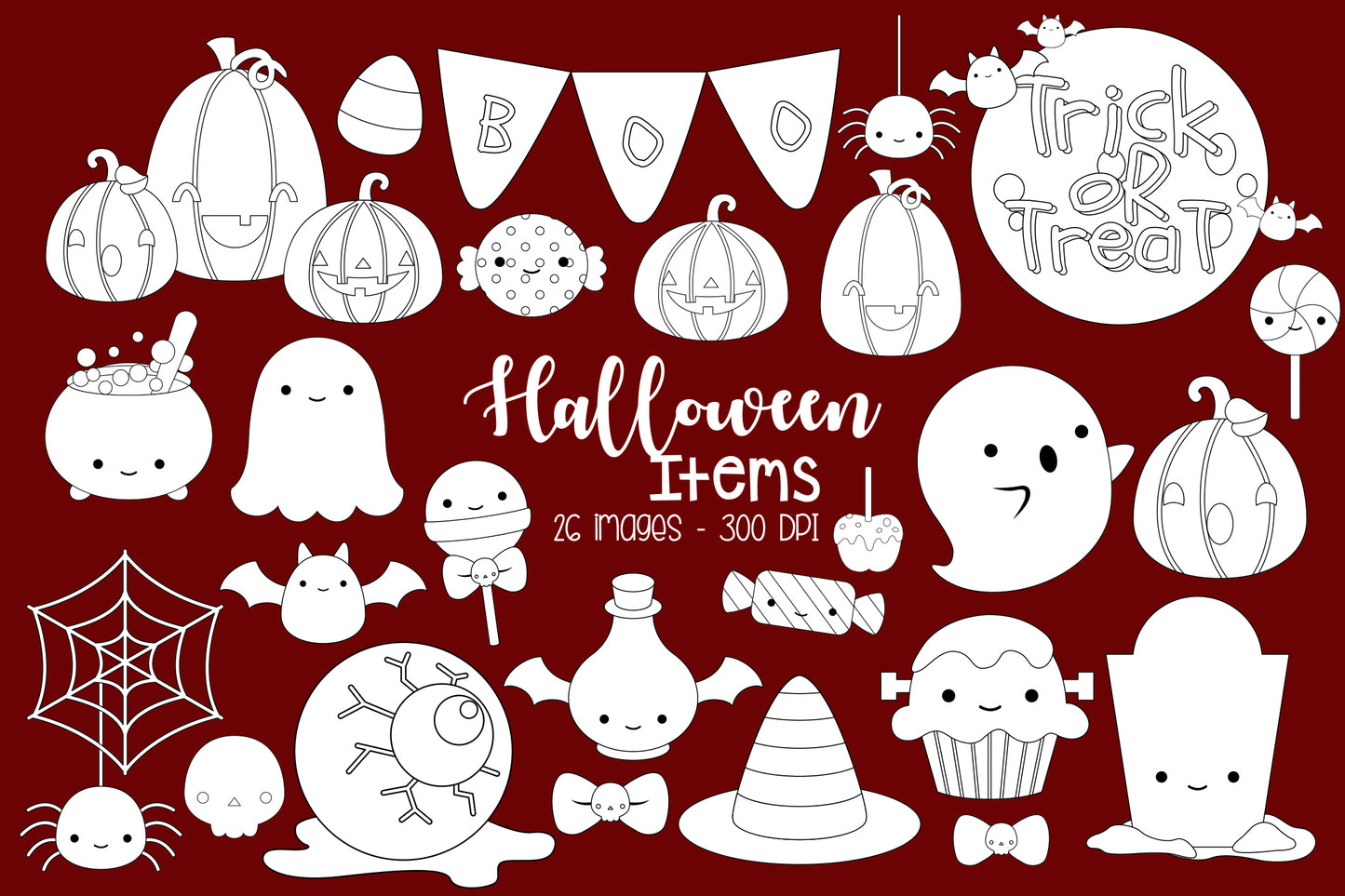 Doodle Halloween Items Clipart - Cute Halloween Coloring