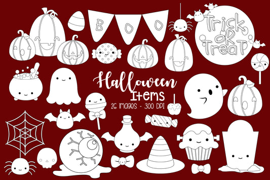 Doodle Halloween Items Clipart - Cute Halloween Coloring