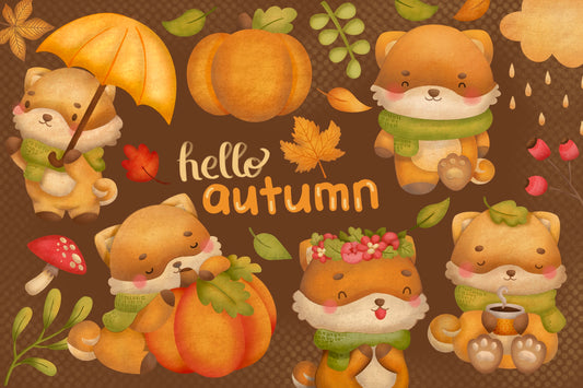 Watercolor Cute Dog in Autumn Clipart - Autumn Clip Art