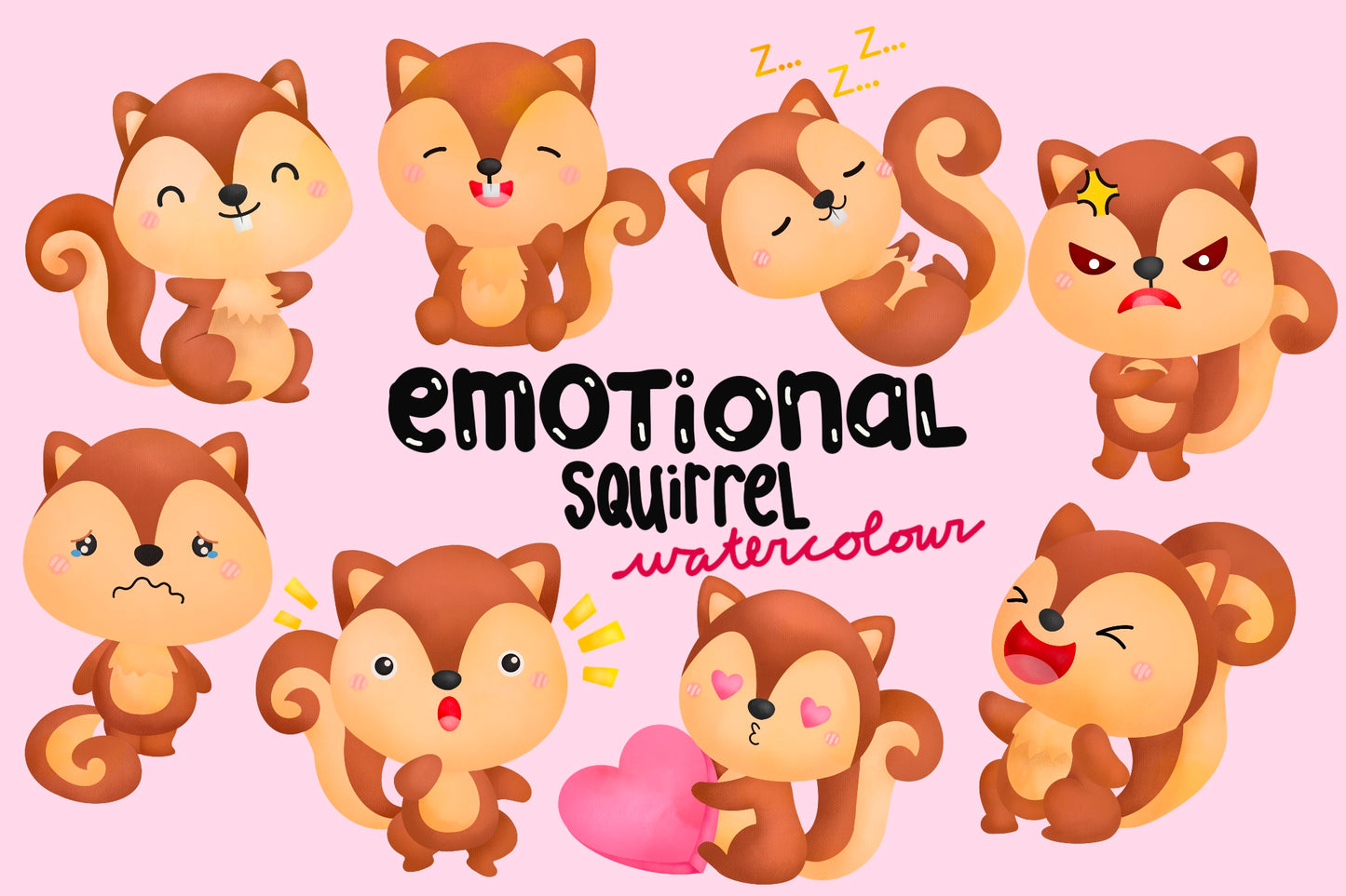 Watercolour Emotional Squirrel Clipart - Cute Animal Clip Art