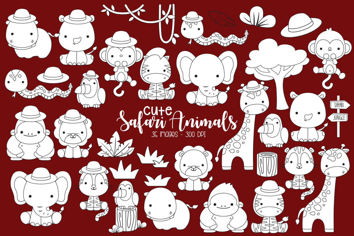 Doodle Safari Jungle Animals Clipart Coloring