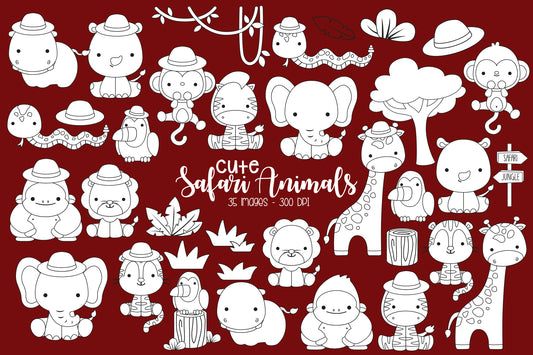 Doodle Safari Jungle Animals Clipart Coloring