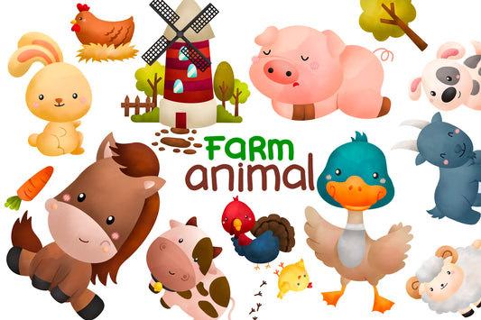 Watercolor Farm Animals Clipart - Cute Animal Clip Art