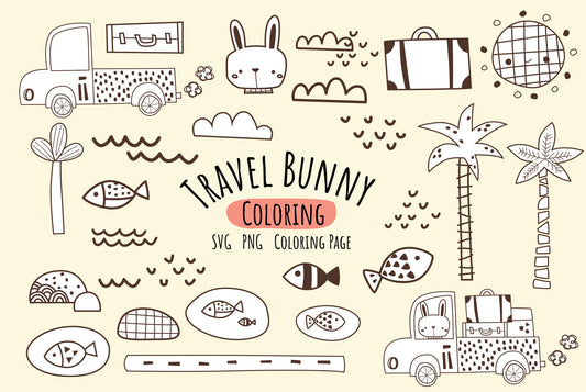 Tropical Travel Bunny Coloring Digital Art - Cute Clipart