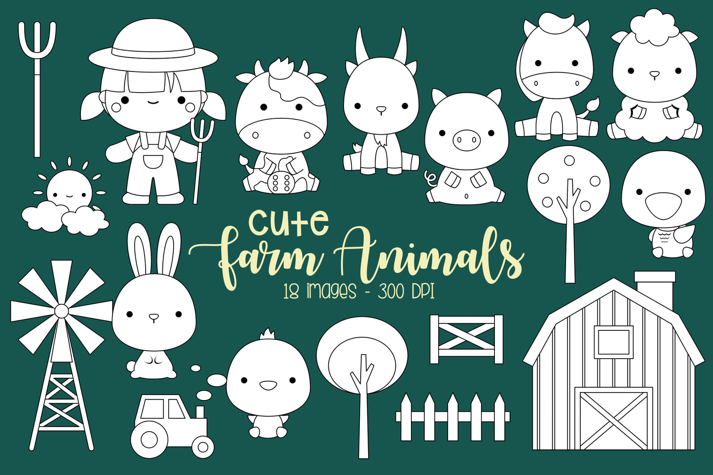 Doodle Cute Farm Animals Clipart - Cute Animal Coloring