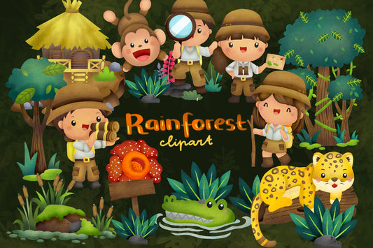 Watercolor Rainforest Jungle Explorer Clipart