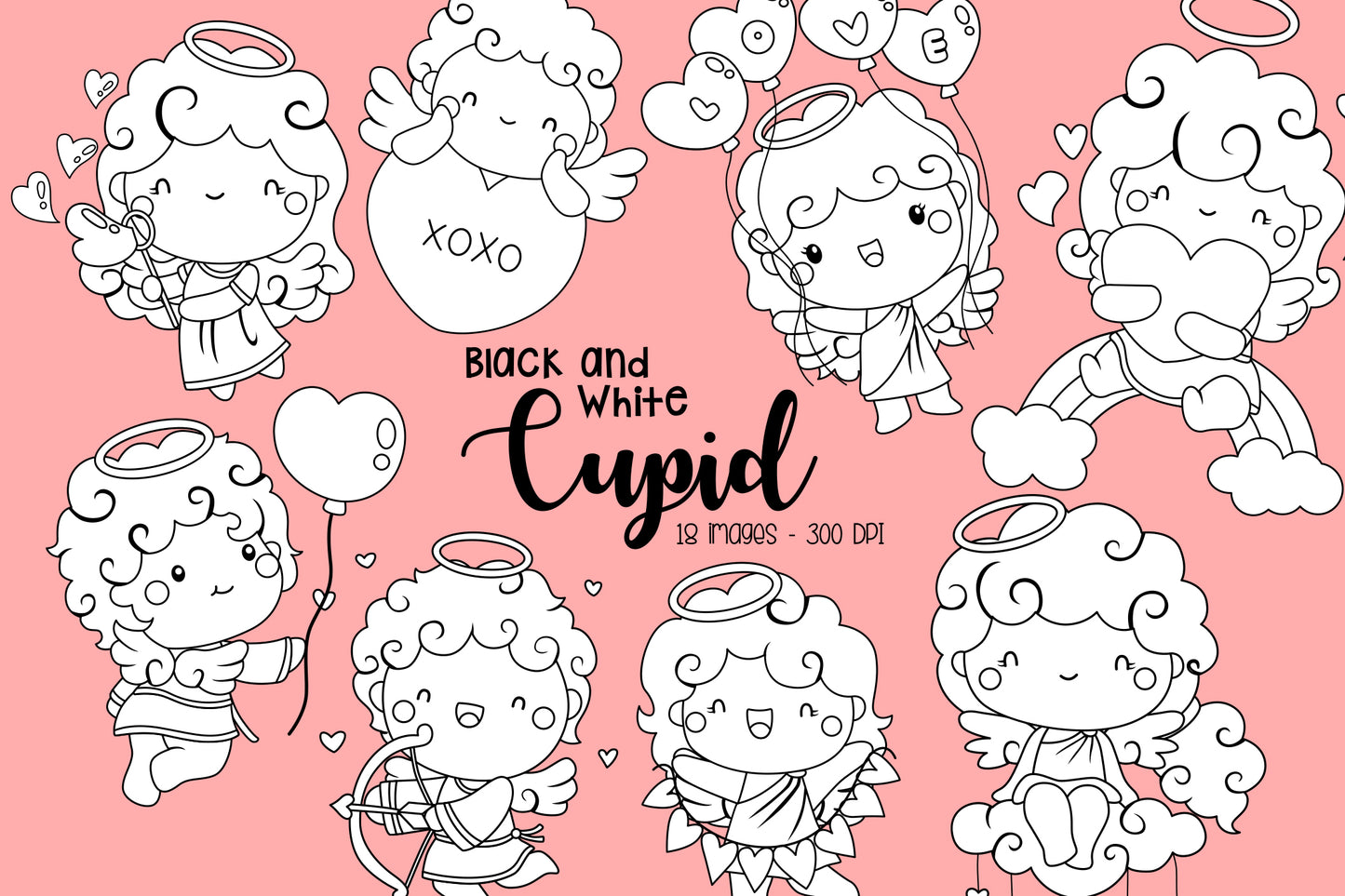 Cute Cupid Clipart - Valentine Love Black and White