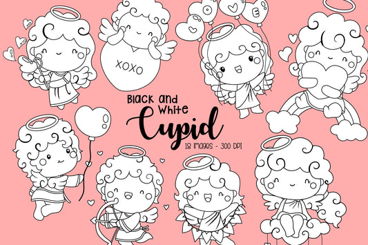 Cute Cupid Clipart - Valentine Love Black and White