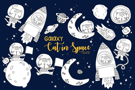 Cat in Space Digital Art - Cute Clipart Coloring