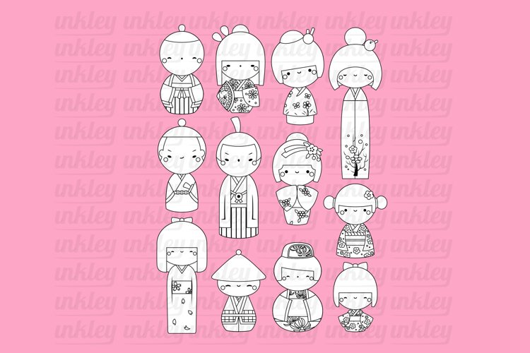 Black and White Coloring Japan Kokeshi Dolls Clipart