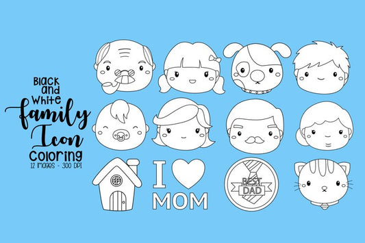Black and White Coloring Family Icon
