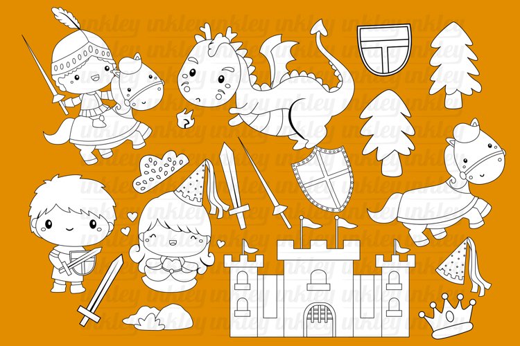 Black and White Coloring Knight and Dragon Clipart